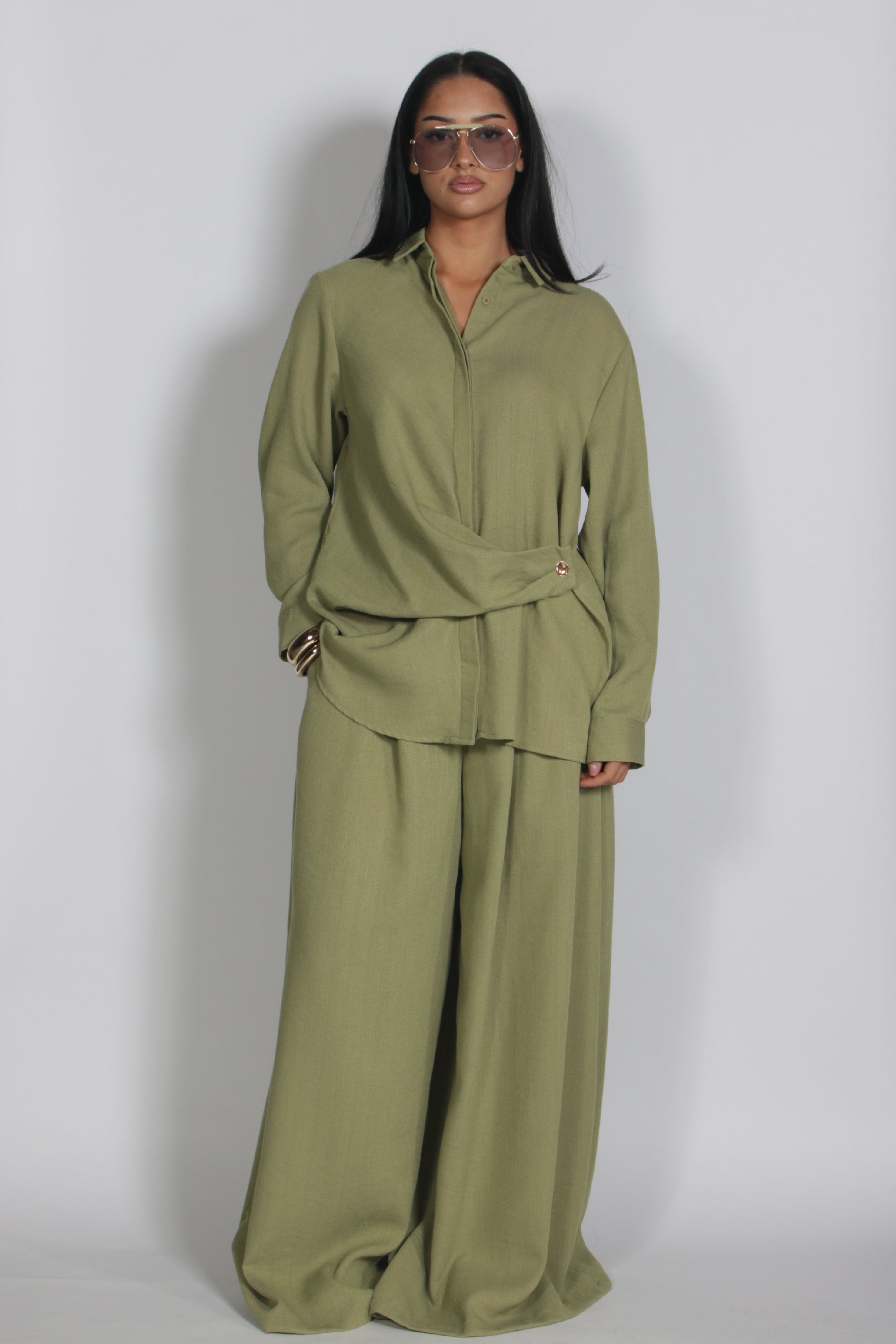 Linnen twinset Olive